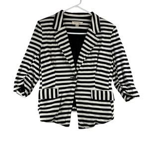 Monteau Blazer Style Jacket Women's Small Black& White Stripe Ruched 3/4 Sleeves